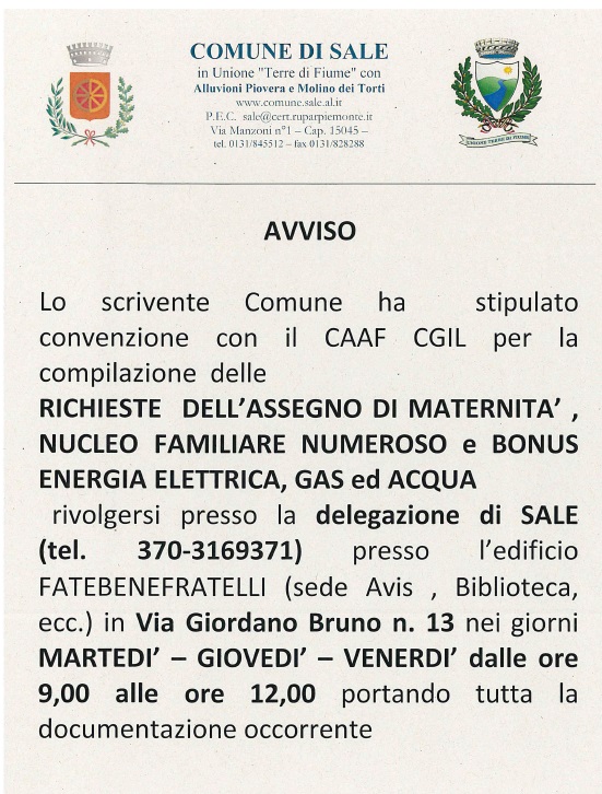 AVVISO DI CONVENZIONE CON CAAF PER PRATICHE DI RILASCIO BONUS SOCIALI